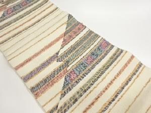 手織り紬切り嵌め風横段に葉模様織出し名古屋帯